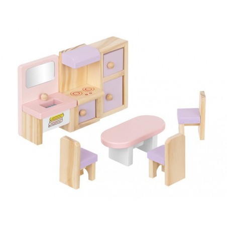 Set mobilier pentru papusi, 22 piese, diverse accesorii, 21x21x14cm, alb si roz