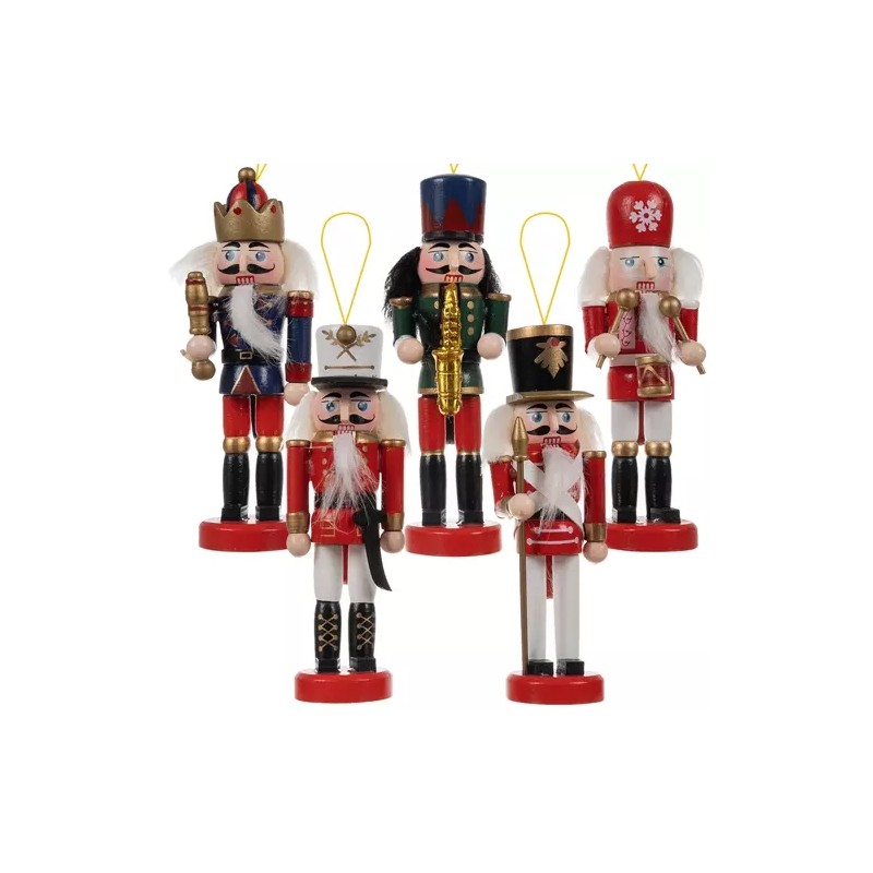 Figurine decorative pentru brad, 5 figurine spargatorul de nuci, snur prindere, lemn, 13x4 cm, multicolor