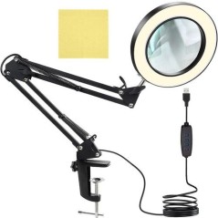 Lampa de birou cu lumina LED si lupa, 10 trepte de intensitate, 65 x 15 x 5 cm, USB, negru