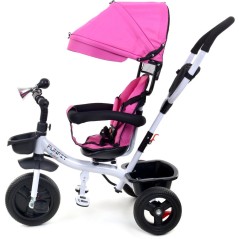 Tricicleta multifunctionala cu pedale, scaun rotativ, centura siguranta, copertina pliabila, roti spuma EVA, roz