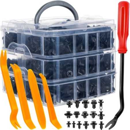 Set cleme auto si extractoare, 620 cleme universale, 16 tipuri, 18 marimi, cutie de organizare cu maner