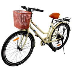 Bicicleta dama, 26 inch, 7 viteze, cos cumparaturi, portbagaj, V-brake, crem, RESIGILAT