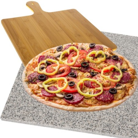 Piatra granit pentru pizza, spatula bambus, coacere uniforma in cuptor, set 2 in 1