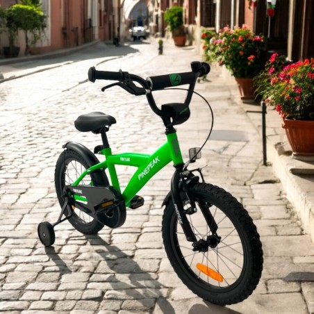 Bicicleta cu roti ajutatoare, 16 inch, V-Brake, scaun ajustabil, cadru otel, jante aluminiu, aparatoare lant/noroi, verde