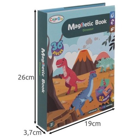 Joc educativ magnetic, puzzle dinozauri, 36 magneti diferiti, 6 cartonase fata-verso, multicolor