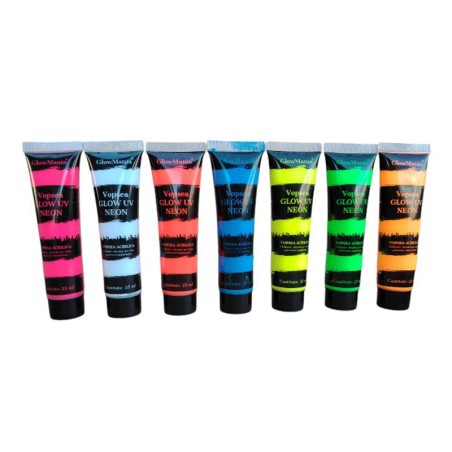 Set 7 culori vopsea glow UV neon, 25 ml/culoare, pentru corp si fata, pe baza de apa