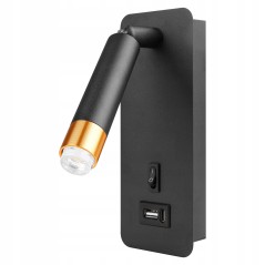 Aplica de perete Piero, LED G9, 35W, IP20, USB, comutator ON/OFF, negru mat si auriu