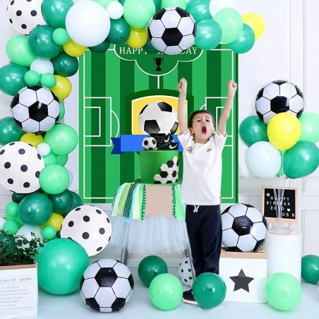 Kit aranjament baloane Fotbal, fundal Happy Birthday, latex si folie de aluminiu, 59 piese