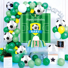 Kit aranjament baloane Fotbal, fundal Happy Birthday, latex si folie de aluminiu, 59 piese