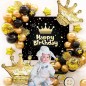 Kit aranjamente baloane Happy Birthday, fundal, baloane latex si folie aluminiu, negru auriu