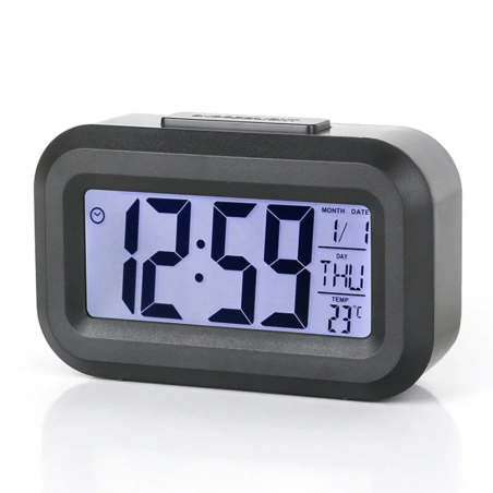 Ceas digital multifunctional, afisaj ora, data, temperatura, alarma, snooze, iluminare nocturna, negru