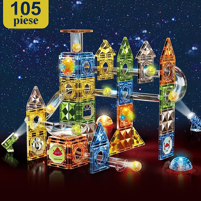 Set magnetic constructie 3D, circuit luminos interactiv STEAM, traseu bile, 105 piese, multicolor