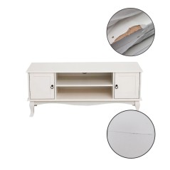 Comoda TV 120x40x50 cm, rafturi, 2 dulapuri depozitare, picioare lemn pin, MDF, alb, RESIGILAT