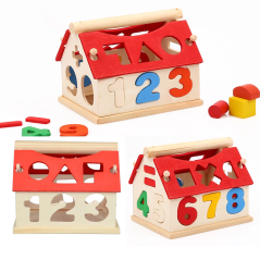 Casuta educativa cu sortator cifre si forme geometrice, lemn, 13x11x11 cm