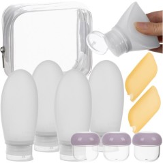 Set recipiente cosmetice de calatorie, 10 elemente, trusa cu 4 sticlute 100 ml, 3 recipiente 20 ml, 2 huse periute dinti