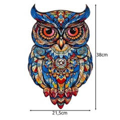 Puzzle din lemn, model Bufnita multicolor, 177 piese forma animale, 38x21,5 cm