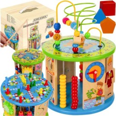 Cub educativ 11 in 1, joc pescuit, dame chinezesti, abac, sortator forme, ceas, labirint margele, lemn multicolor