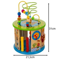 Cub educativ 11 in 1, joc pescuit, dame chinezesti, abac, sortator forme, ceas, labirint margele, lemn multicolor