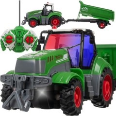 Tractor de jucarie cu telecomanda, remorca cu functie basculare, faruri LED, roti cauciuc, 39x10x9 cm