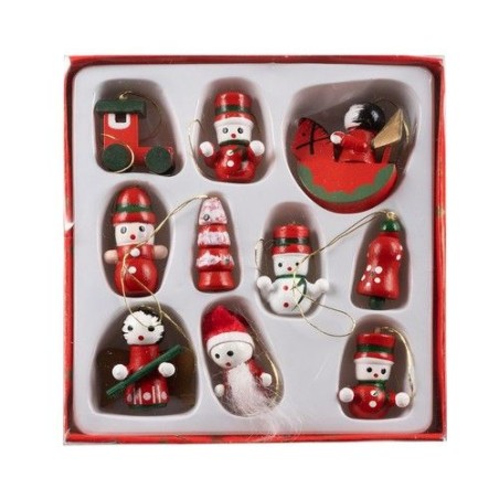 Set 10 decoratiuni din lemn pentru bradul de Craciun, inaltime 2.5 - 3.5 cm, cutie depozitare