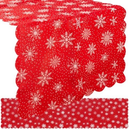 Napron decorativ pentru Craciun, rosie cu fulgi de zapada albi, 150 x 35 cm