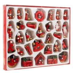 Set 30 decoratiuni din lemn pentru brad, diverse modele, inaltime figurina 2,5 - 4 cm, rosu