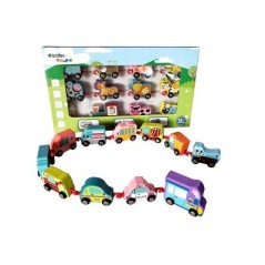 Trenulet din lemn, 11 vehicule, carlige prindere, multicolor