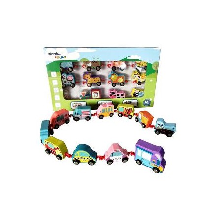 Trenulet din lemn, 11 vehicule, carlige prindere, multicolor