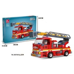 Set de constructie pentru copii, camion de pompieri cu scara, 255 piese