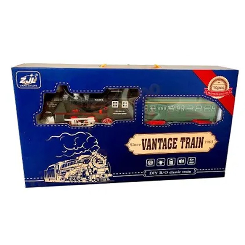 Jucarie Vintage Train, set 10 piese tren cu vagoane, sunete si lumini