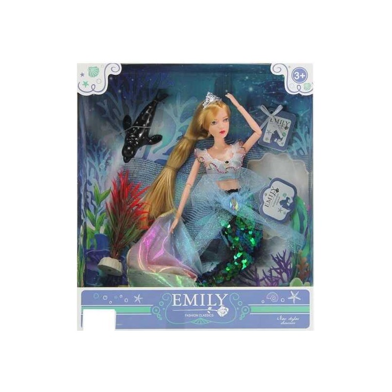 Papusa Emily sirena, accesorii marine, inaltime 30 cm