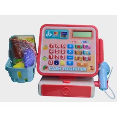 Casa de marcat cu sunete, functie calculator, cos supermarket, alimente, set 18 piese