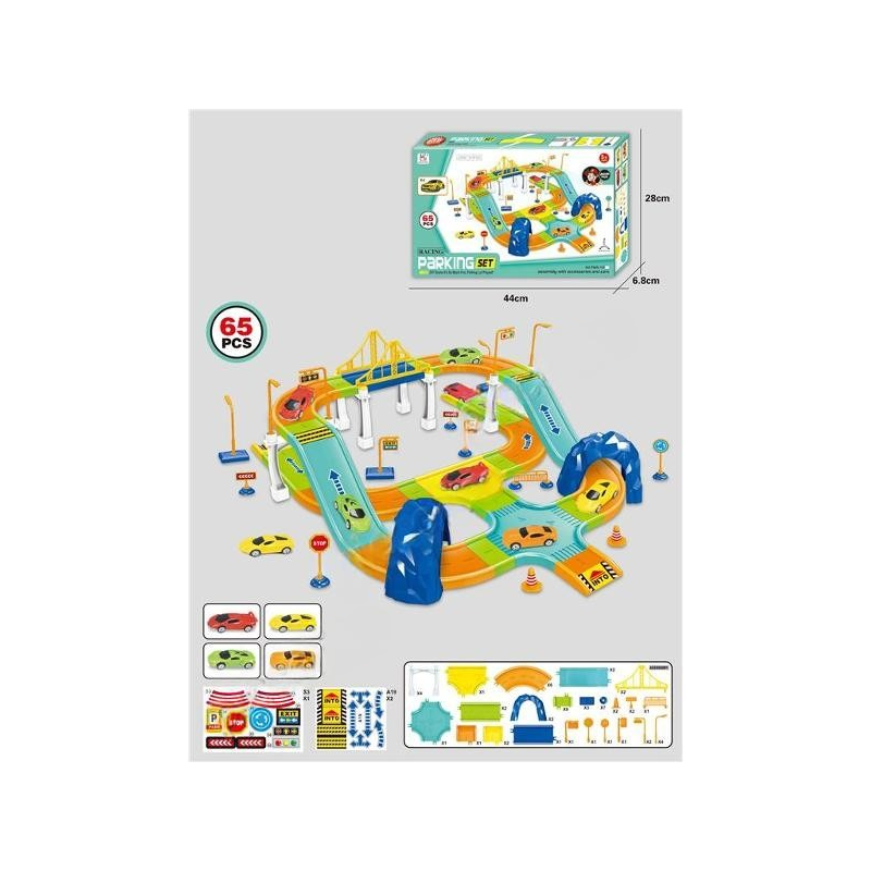 Circuit cu 4 masinute, set 65 piese, indicatoare rutiere