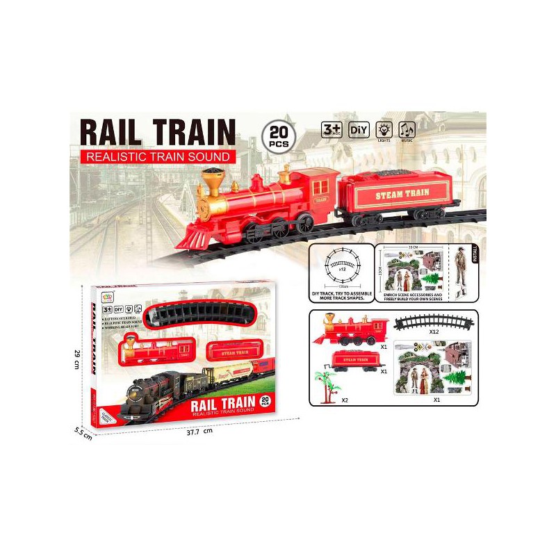 Tren electric de jucarie, locomotiva cu abur, lumini, sunete de tren, set 20 piese