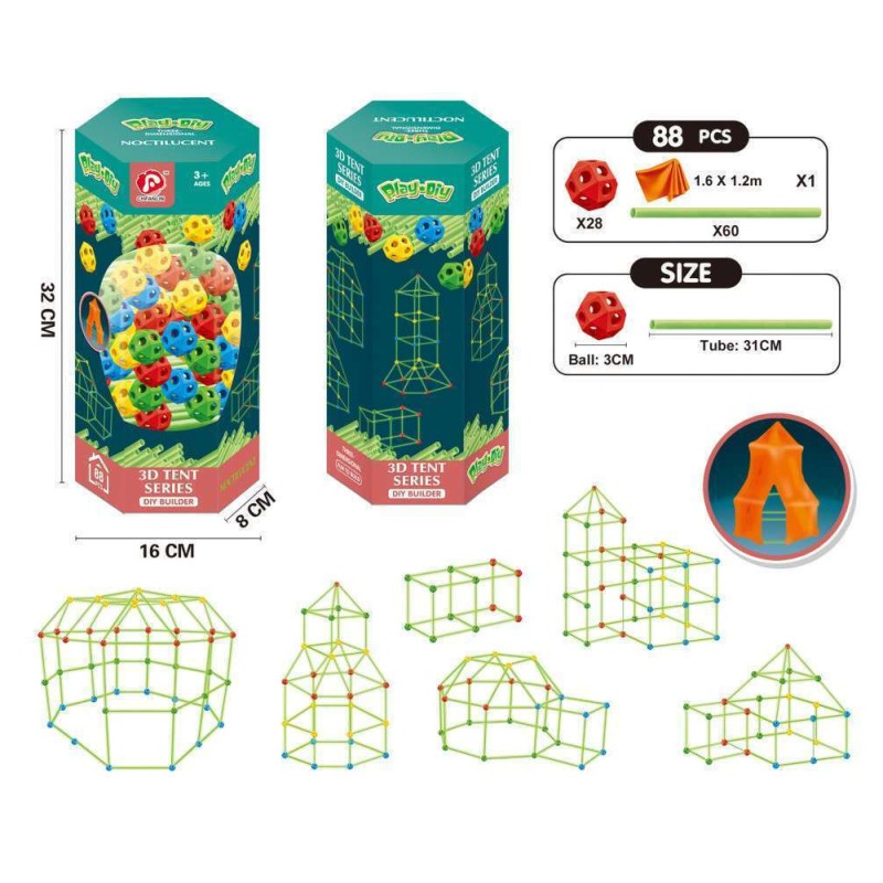 Set asamblare cort 3D, cu bilute si betisoare, constructii creative