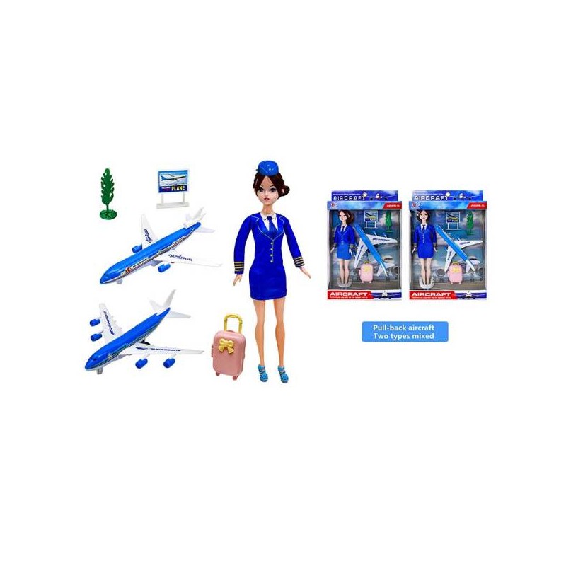 Set aeroport, figurina stewardesa, avion, troller, vehicule pull back