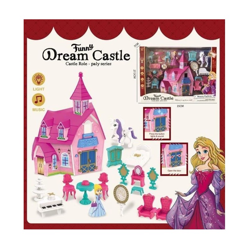 Set castel cu printesa si calut, mobilier, lumini si muzica, usa mobila, set fetite