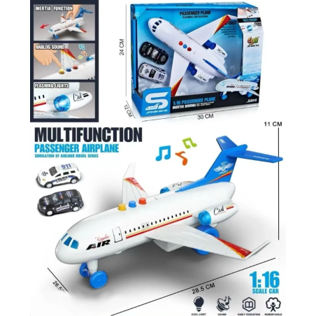 Avion multifunctional, sunete si lumini, 2 masini cu frictiune, 1:16