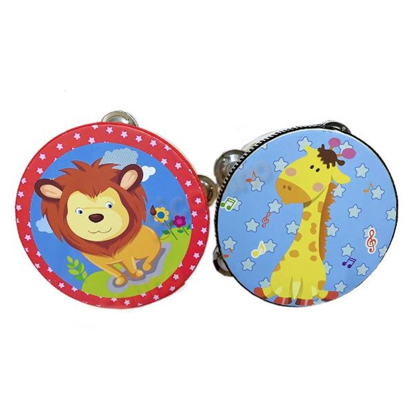 Tamburina cu clopotei pentru copii, diametru 15 cm, imprimeu animalut, multicolor