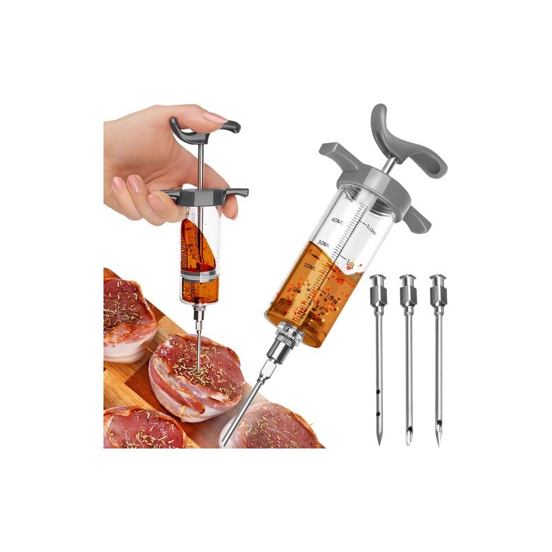 Seringa marinare carne, set 3 ace inox, capacitate 50 ml, 7,7x23x3,5 cm