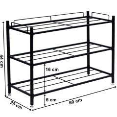 Suport cu 3 rafturi pentru pantofi, capacitate 9 pantofi, picioare reglabile, husa protectie, otel, negru