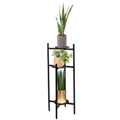 Suport inalt pentru plante, capacitate 3 ghivece, constructie metalica, 80x36x19 cm, negru mat