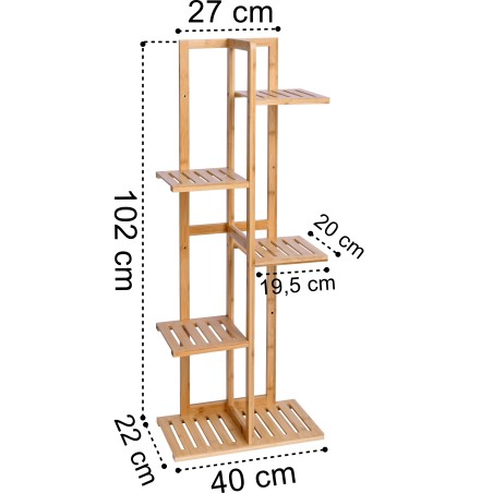 Suport din bambus pentru flori, 6 rafturi, finisaj lacuit, sarcina maxima 40 kg, 102x40x22 cm