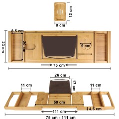 Raft pentru baie, HALIA, suport tableta, soclu lumanari, latime reglabila 75-111, bambus