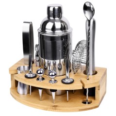 Set ustensile barman cu suport si 12 piese, CHESTER, pahar masura, cleste gheata, Cocktail Shaker 750 ml, bambus si otel