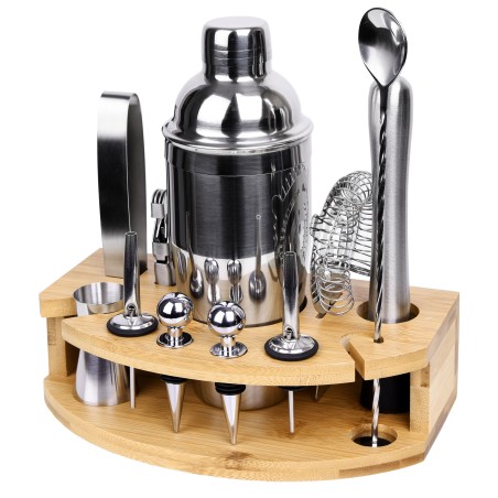 Set ustensile barman cu suport si 12 piese, CHESTER, pahar masura, cleste gheata, Cocktail Shaker 750 ml, bambus si otel