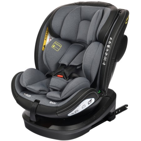 Scaun auto rotativ, model Bari, 0-36 kg, i-Size, 360 grade, R129, tetiera reglabila, ISOFIX, negru-gri