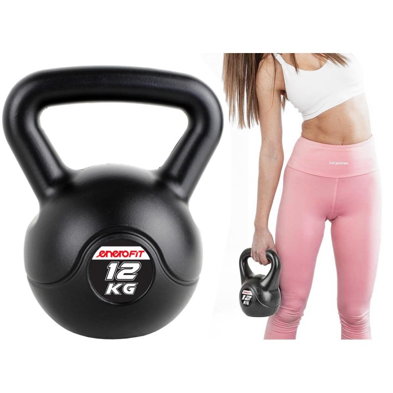 Kettlebell cauciucat Enero Fit 12kg , maner ergonomic, negru