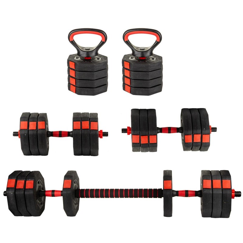 Set fitness 4in1 20kg, Kettlebell, gantere, haltera, maner ergonomic, negru