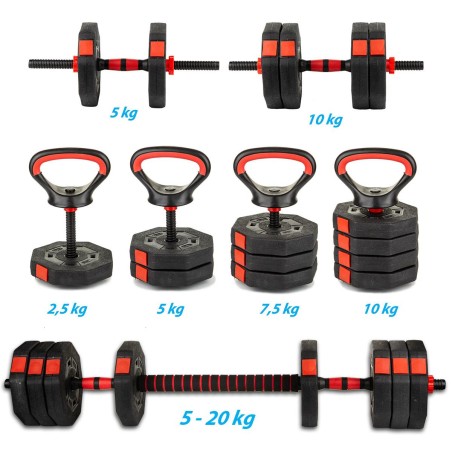 Set fitness 4in1 20kg, Kettlebell, gantere, haltera, maner ergonomic, negru